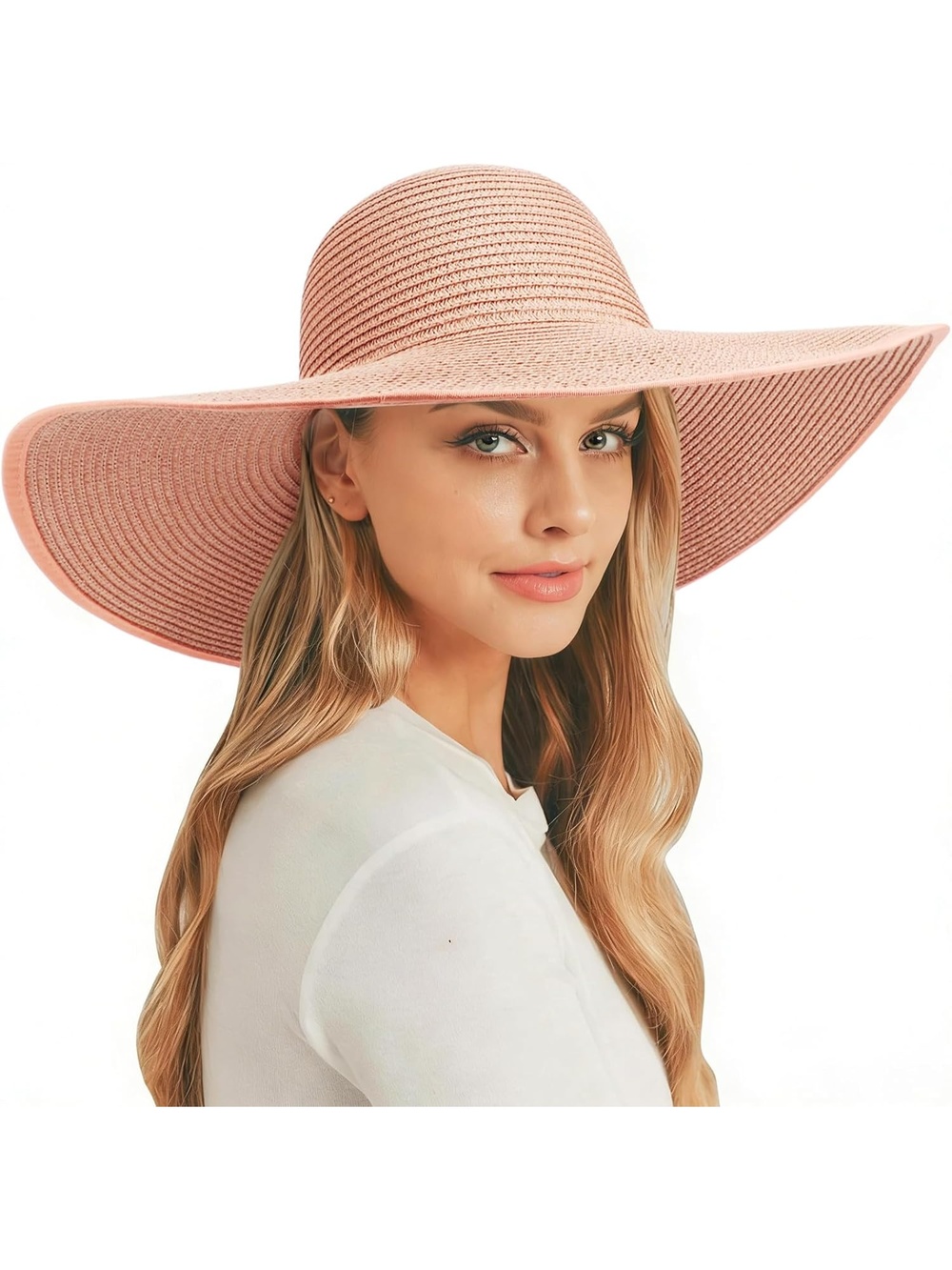 Women's Peach Wide Brim Big Straw Floppy Foldable Roll up UPF 50+ Beach Sun Hat